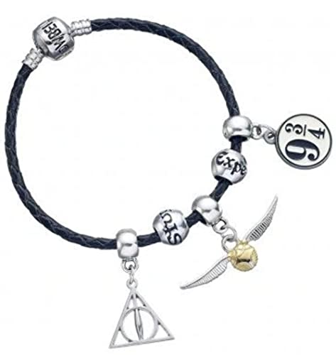 Harry Potter Charm Set- Black Leather Bracelet/Deathly Hallows/Snitch/Platfrom 9 3/4/