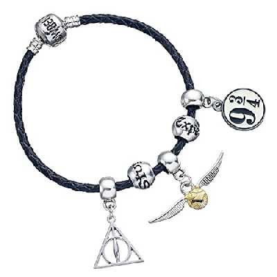 Bracelet à breloques en cuir noir Harry Potter sous licence officielle avec breloques